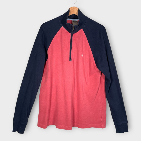 Brooks Brothers 1/4 Zip Pullover Mens LARGE 100% Cotton Blue Red/Pink Preppy EUC - Picture 1 of 9